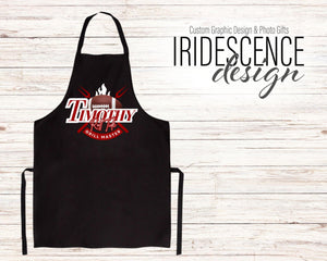 Football Fan Black Grill Master Apron - with Name, Football, Flame, and Utensils
