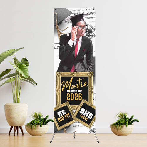 Three Gold Square frames and Diploma He Did It Vinyl Graduation Banner with photo  - 2 Day turnaround