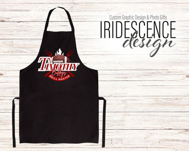 Football Fan Black Grill Master Apron - with Name, Football, Flame, and Utensils