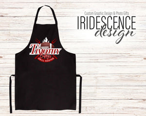 Football Fan Black Grill Master Apron - with Name, Football, Flame, and Utensils