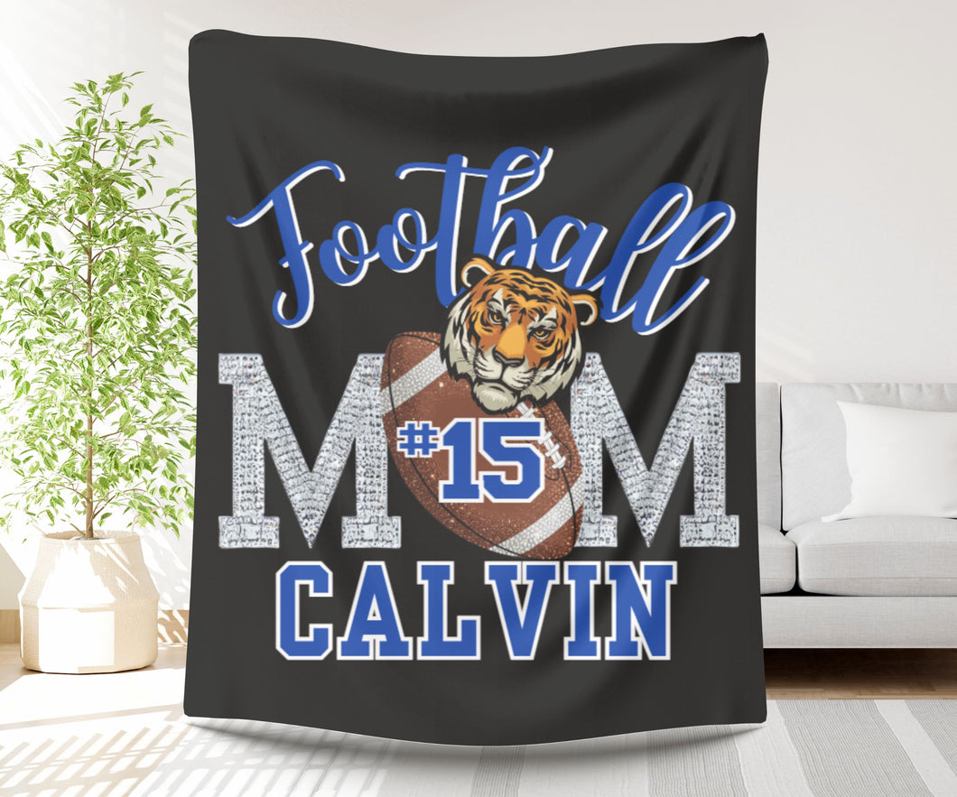 Bling Football Mom Plush Fleece Blanket with football, name, and number.
