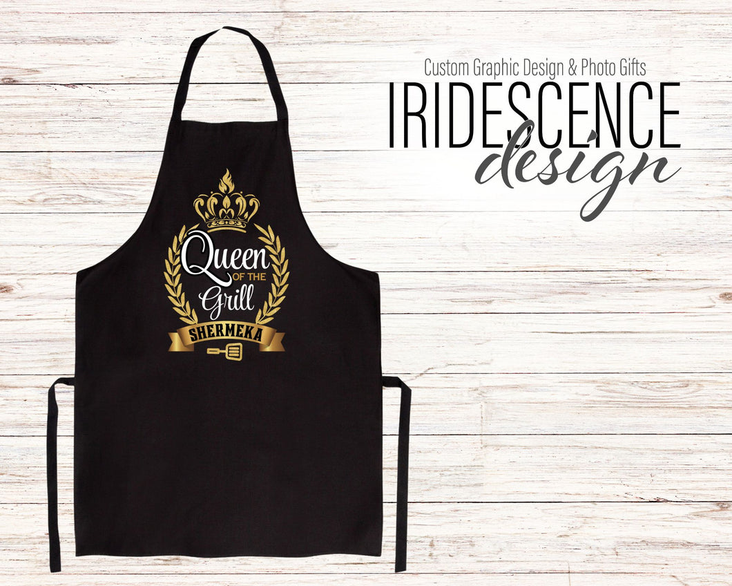 Queen of the grill Apron - Black and Gold with Name