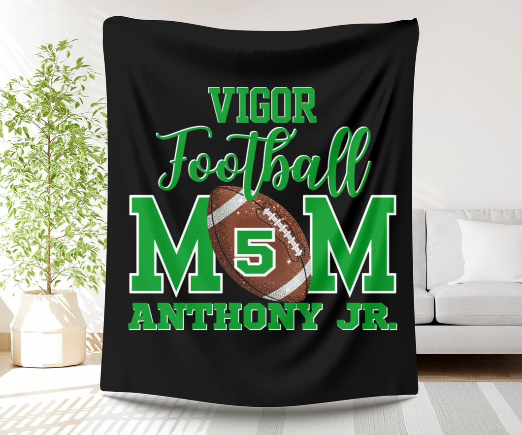 Bling Football Mom Plush Fleece Blanket with football, name, and number.