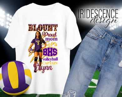 Volleyball Fan / Mom T-shirt with Photo and Name. Customize with school colors.