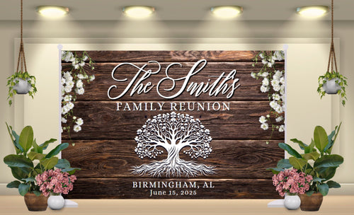 Family Reunion Backdrop Banner - Wood background with name and date - RUSH or STANDARD Turnaround