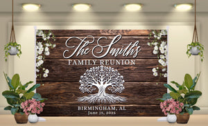 Family Reunion Backdrop Banner - Wood background with name and date - RUSH or STANDARD Turnaround