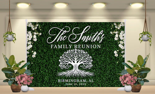 Family Reunion Backdrop Banner - Green Hedge background with name and date - RUSH or STANDARD Turnaround