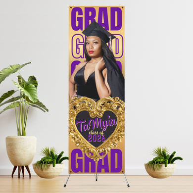 GRAD GRAD GRAD Gold background Vinyl Graduation Banner with photo   - 2 Day turnaround
