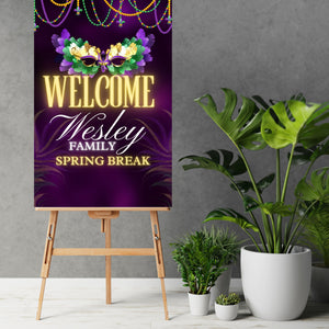 Mardi Gras Welcome Poster with Names and Photo - Mardi Gras theme with masquerade mask and beads