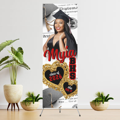 She Did It with Gold Heart Vinyl Graduation Banner with photo  - 2 Day turnaround