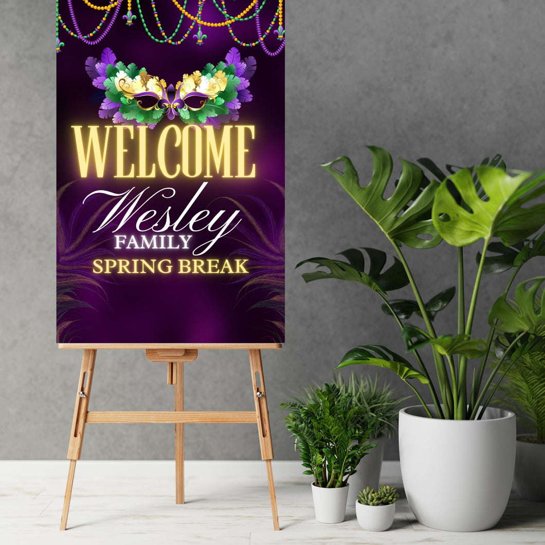 Mardi Gras Welcome Poster with Names and Photo - Mardi Gras theme with masquerade mask and beads
