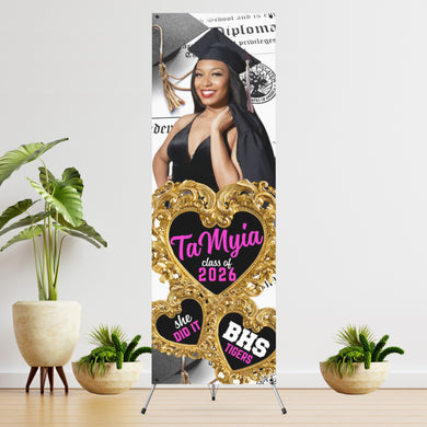Three Gold Hearts and Diploma She Did It Vinyl Graduation Banner with photo  - 2 Day turnaround