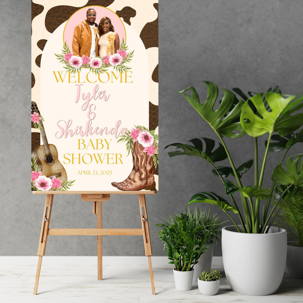 Baby Shower Welcome Poster with Names and Photo - Cowboy boots