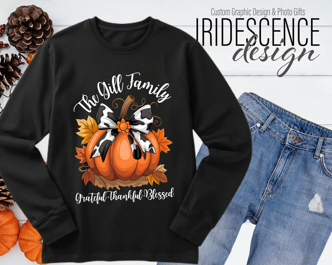 Grateful, Thankful, Blessed Pumpkin with Bow Sweatshirt / T-Shirt
