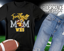 Load image into Gallery viewer, Silver Bling Football Mom t-shirt with Name, Number, and Mascot