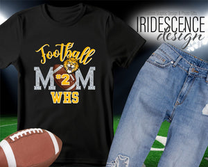Silver Bling Football Mom t-shirt with Name, Number, and Mascot