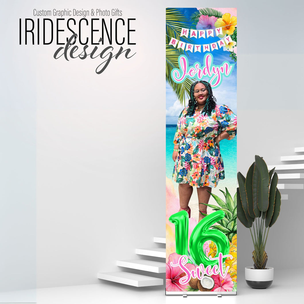 Aloha Tropical themed Custom Birthday Vinyl Banner with Photos, Name, and Age - 2 Day turnaround
