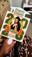 Load image into Gallery viewer, Graduation-themed sign with 'Congrats Congrats Congrats' and a photo of a graduate, held by a person indoors.