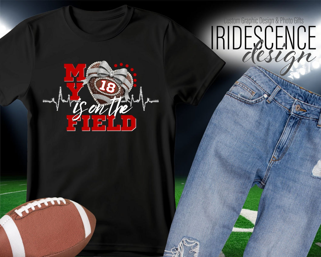 Silver Bling My heart is on the field Football t-shirt with Name, Number, and Mascot