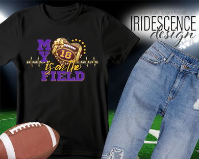 Gold Bling My heart is on the field Football t-shirt with Name and Number