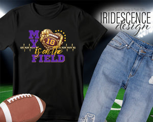 Gold Bling My heart is on the field Football t-shirt with Name and Number