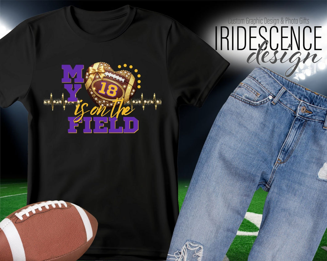 Gold Bling My heart is on the field Football t-shirt with Name and Number