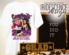 Load image into Gallery viewer, Congrats Leopard print Senior T-shirt with cap and gown photo and baby photo