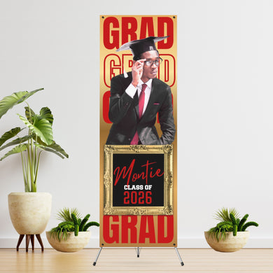 GRAD GRAD GRAD Gold background Vinyl Graduation Banner with square photo   - 2 Day turnaround