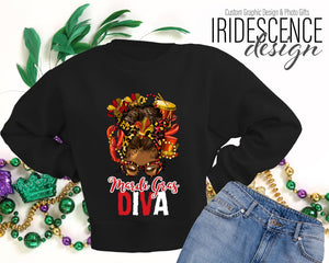 Mardi Gras Diva Messy Bun Red and White Sweatshirt / T-Shirt