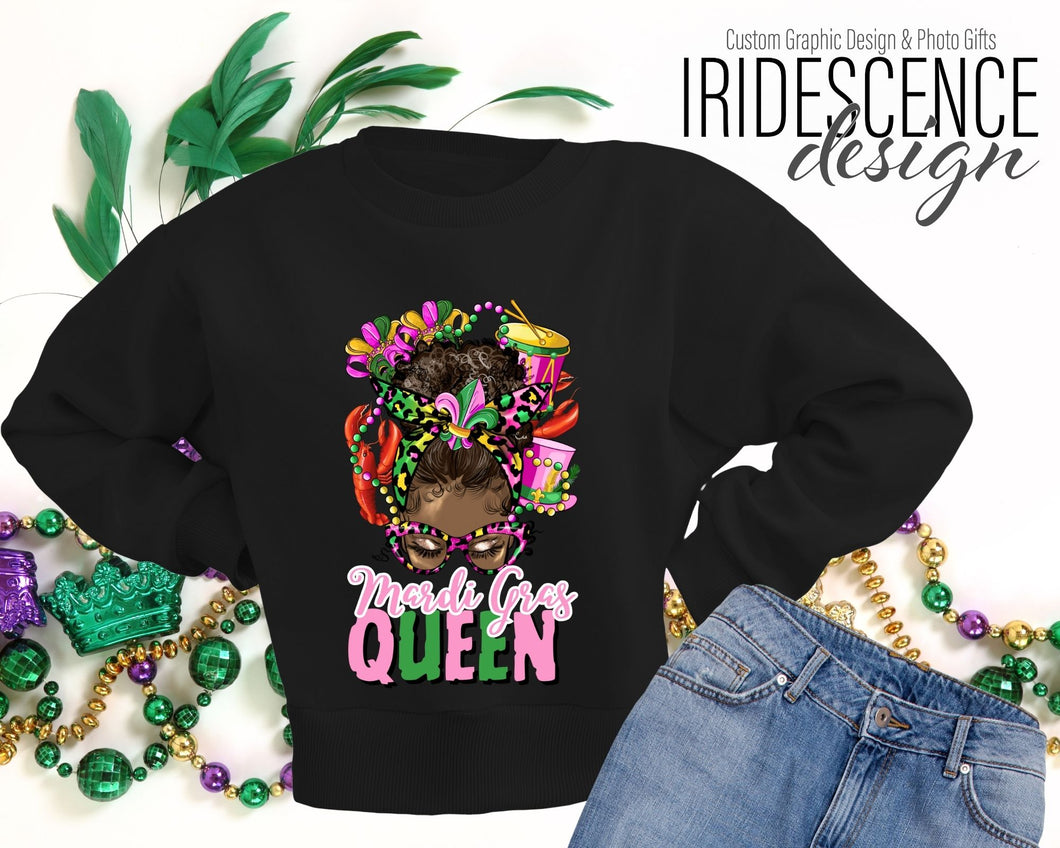 Mardi Gras Queen Messy Bun Pink and Green Sweatshirt / T-Shirt