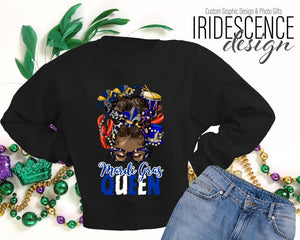 Mardi Gras Queen Messy Bun Blue and White Sweatshirt / T-Shirt