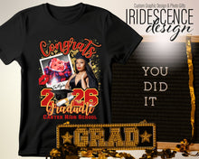 Load image into Gallery viewer, Color T-Shirt Congrats Senior T-shirt with cap and gown photo and baby photo