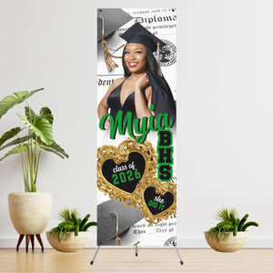 She Did It with Gold Heart Vinyl Graduation Banner with photo  - 2 Day turnaround