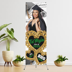 Three Gold Hearts and Diploma She Did It Vinyl Graduation Banner with photo  - 2 Day turnaround