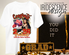 Load image into Gallery viewer, Congrats Leopard print Senior T-shirt with cap and gown photo and baby photo
