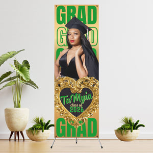 GRAD GRAD GRAD Gold background Vinyl Graduation Banner with photo   - 2 Day turnaround