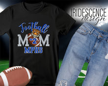 Load image into Gallery viewer, Silver Bling Football Mom t-shirt with Name, Number, and Mascot