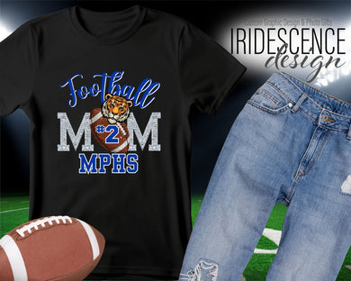 Silver Bling Football Mom t-shirt with Name, Number, and Mascot