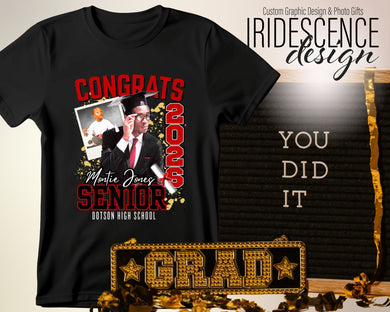 Black Congrats Senior T-shirt with cap and gown photo and baby photo