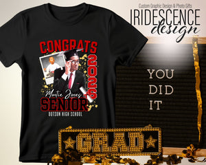 Black Congrats Senior T-shirt with cap and gown photo and baby photo