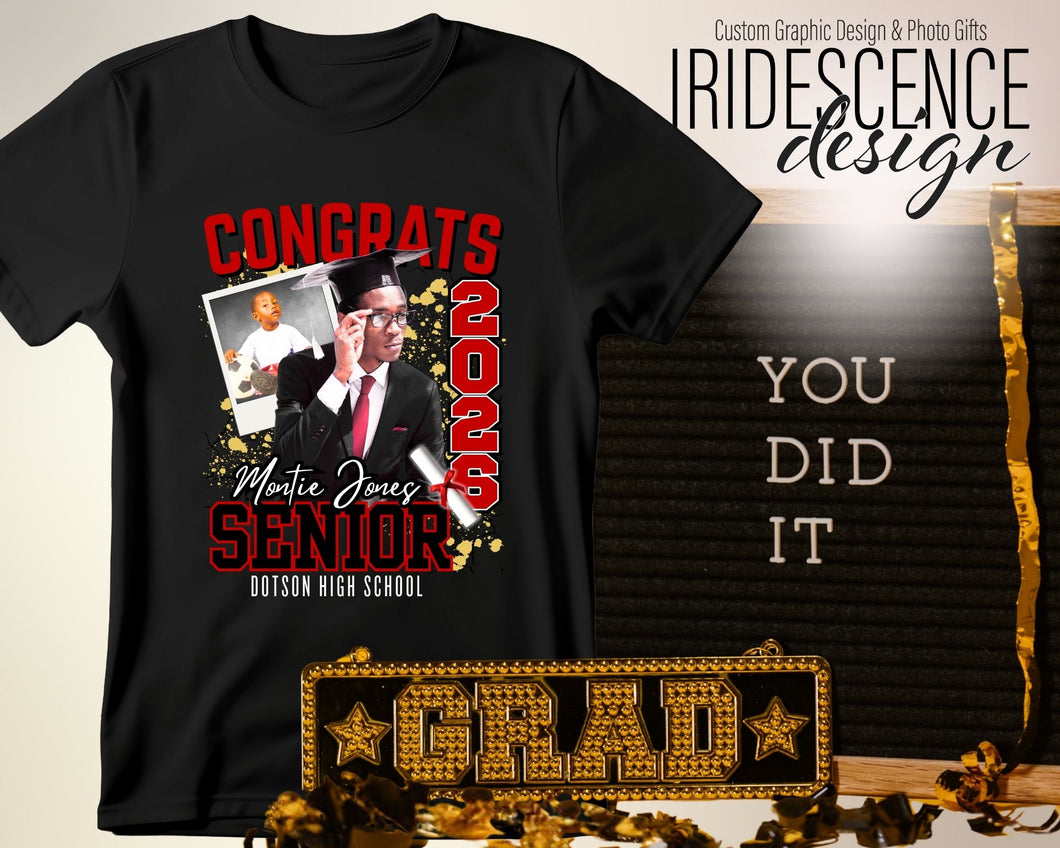 Black Congrats Senior T-shirt with cap and gown photo and baby photo