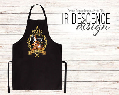 Queen of the Grill Flame Apron - Black and Gold with Name