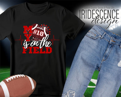 My heart is on the field Football t-shirt with Name, Number, and Mascot