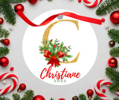 Christmas Photo Ornament - Gold letter 3.5 inch round