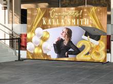 Load image into Gallery viewer, Gold Graduation Vinyl Backdrop - RUSH or STANDARD Turnaround