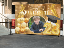 Load image into Gallery viewer, Gold Graduation Vinyl Backdrop - RUSH or STANDARD Turnaround