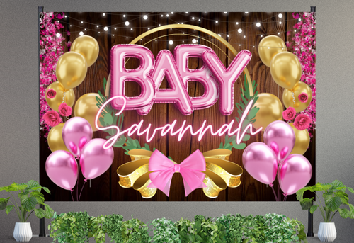 Baby Shower Vinyl Banner Backdrop Pink with Name - RUSH or STANDARD Turnaround