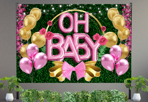 Baby Shower Vinyl Banner Backdrop Pink Oh Baby - RUSH or STANDARD Turnaround