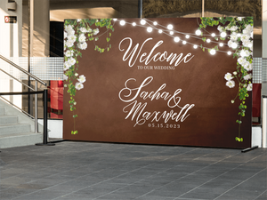 Wedding Welcome Brown background with lights and greenery Vinyl Backdrop
