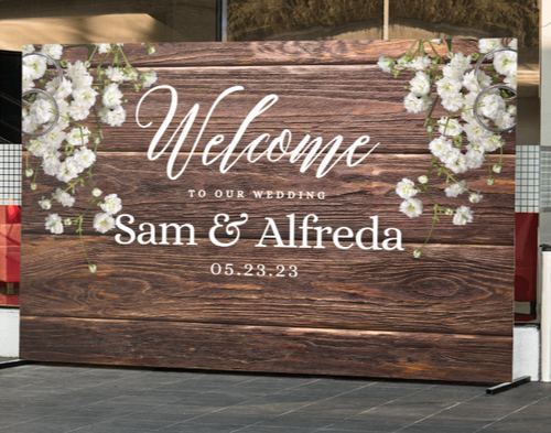 Wedding Welcome Wood Background with Baby Breath Vinyl Backdrop